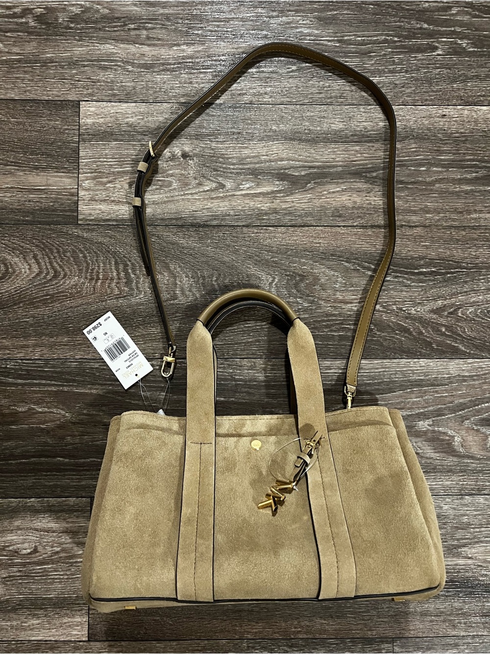 Michael Kors Romee Small Suede Shoulder Satchel Bag in Husk Taupe